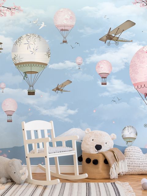 Kirschblüten mit sanftem Heißluftballon Fototapete