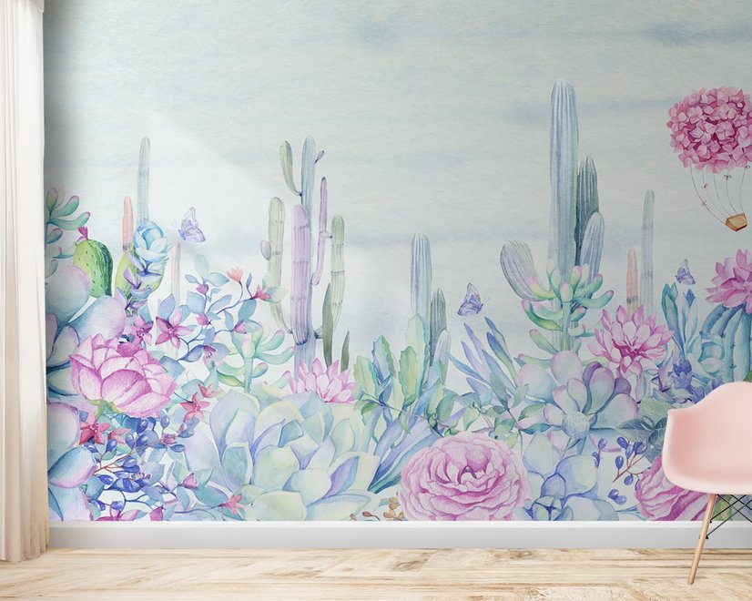 Papier peint panoramique fleurs d'hortensias et cactus vintage