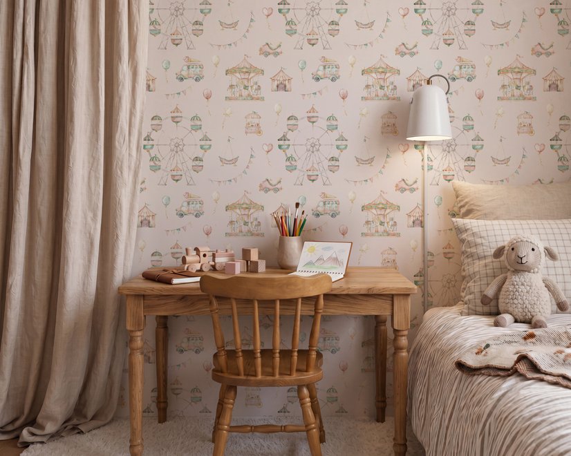 Children's playroom wallpaper with pastel Ferris wheel, carousel horses, tents and balloons on blush pink