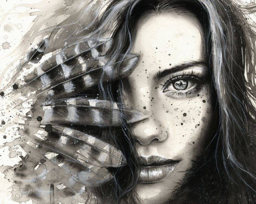 Monochrome Portrait Girl with Black Feathers Wallpaper Mural