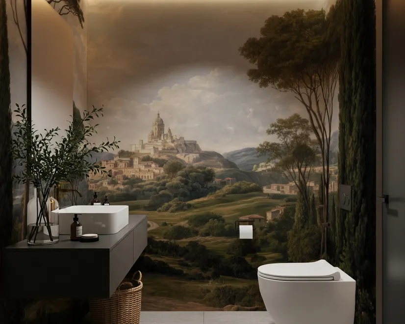 Vintage oil painting wallpaper of cypress trees, villas and a domed cathedral in an Italian landscape