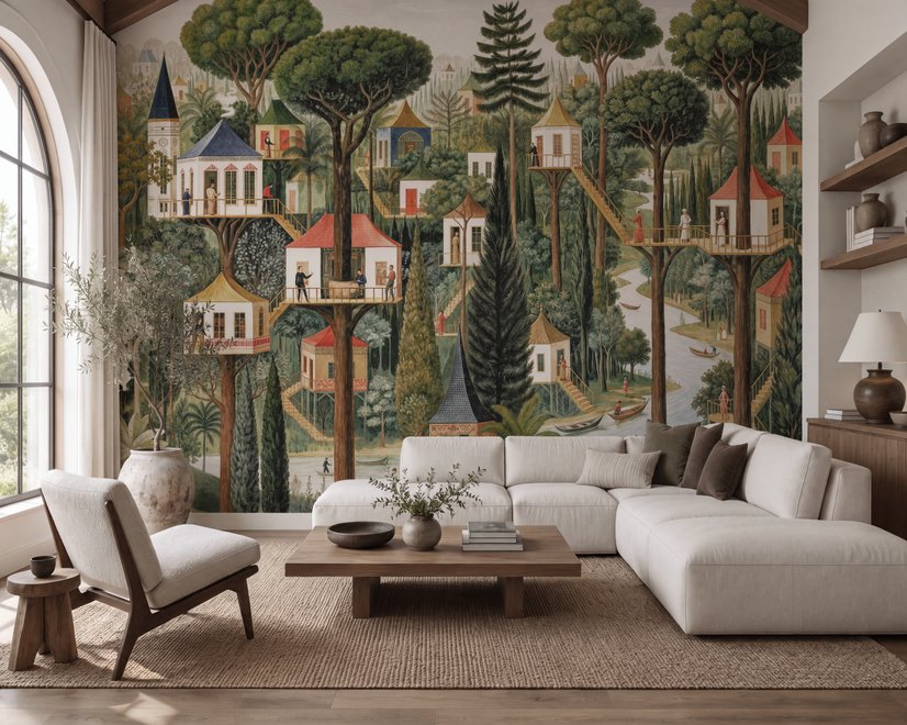 Architectural design wallpaper mural of forest treehouses, rivers, boats and small figures in green watercolour