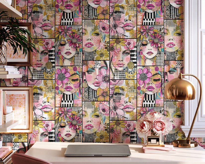 Bold wallpaper for powder room with pop art female faces, pink flowers, black comic panels, mustard, teal and fuchsia details