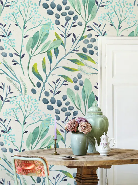 Green Leaf Branches with Berries Wallpaper Mural