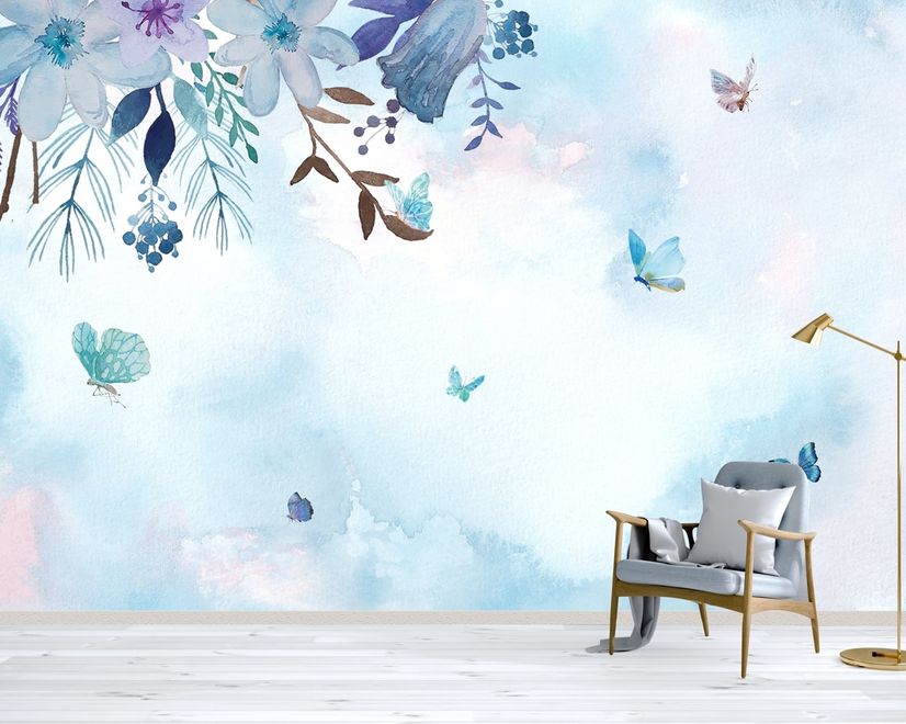 Blue Purple Floral with Little Butterfly Wallpaper Mural