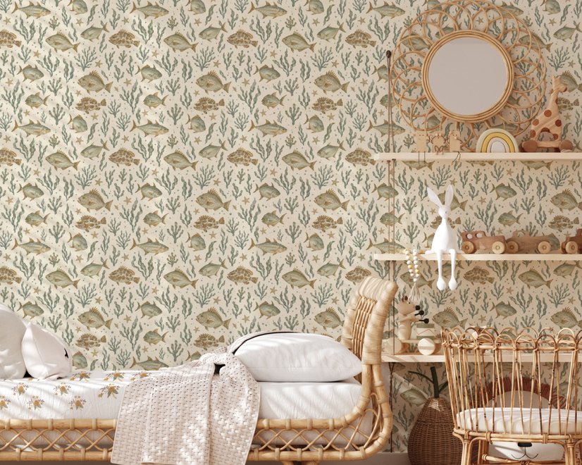 Watercolor fish wallpaper with grey-blue fish, seafoam seaweed, starfish and bubbles on warm cream