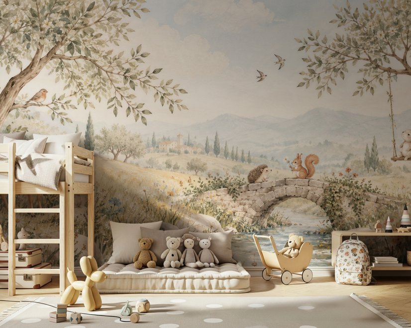 Watercolour woodland wall mural with fawn, rabbits, stone bridge, stream and distant cypress countryside