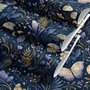 Midnight navy moody botanical wallpaper with lavender butterflies, ivory moons, gold stars, flowers and mushrooms
