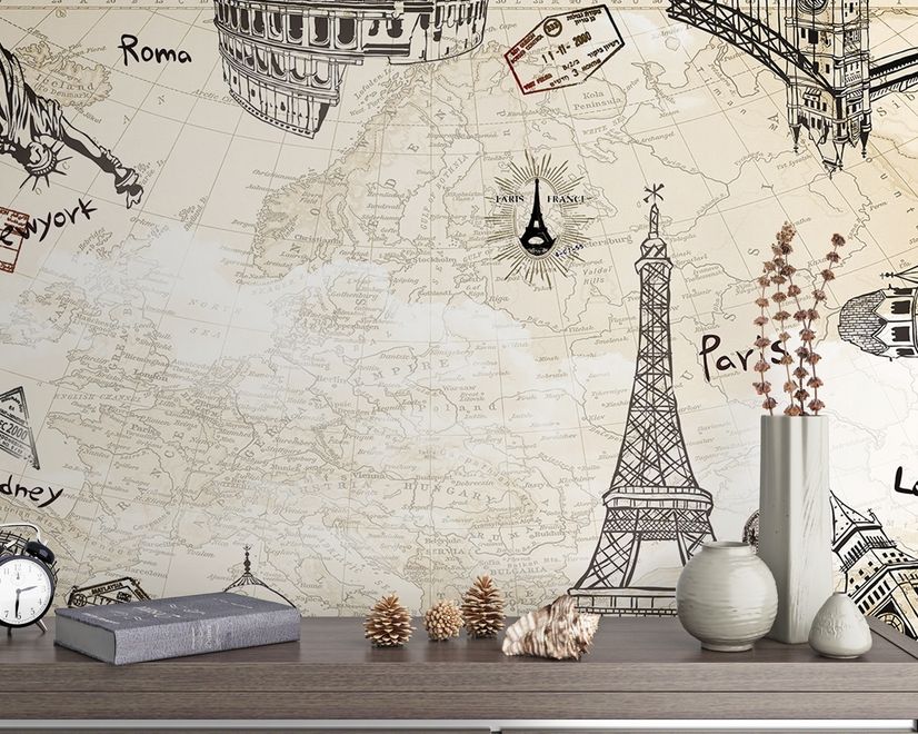 Vintage Map with Eiffel Tower Statue of Liberty Wallpaper Mural