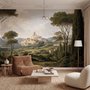 Vintage oil painting wallpaper of cypress trees, villas and a domed cathedral in an Italian landscape