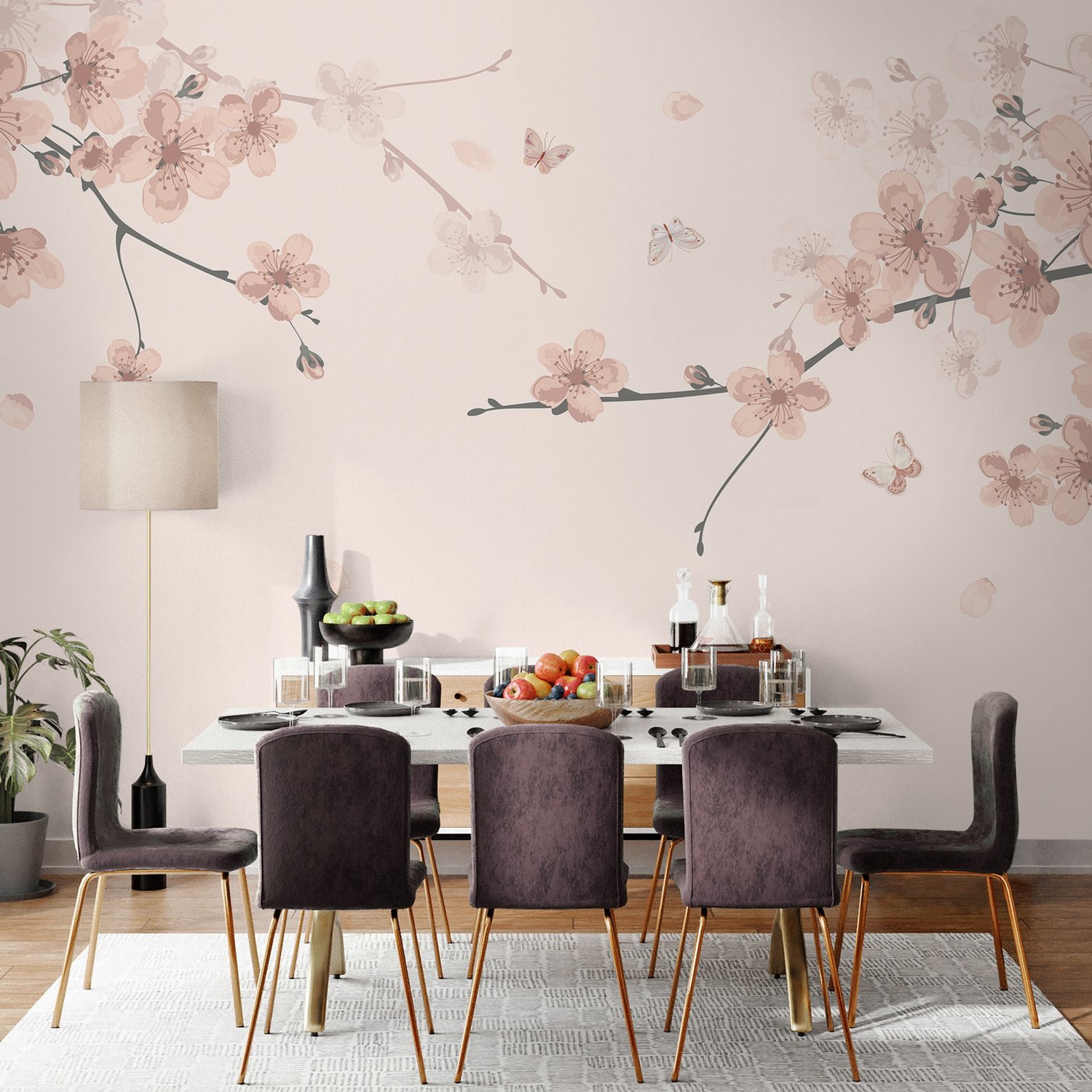 Plum Floral Art Wallpaper Mural - Peel and Stick
