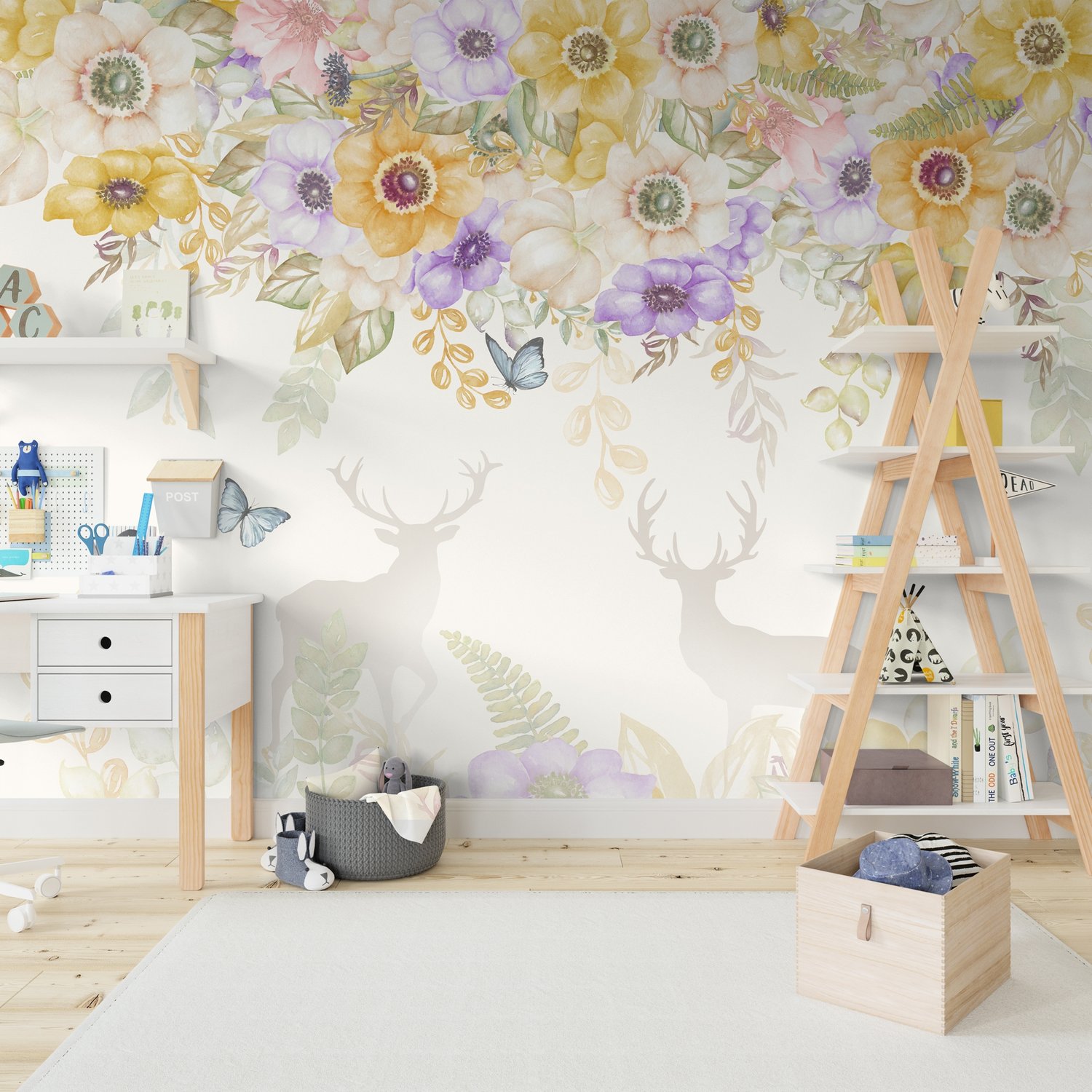 Yellow Floral Art with Horned Deer Wallpaper Mural - Peel and Stick