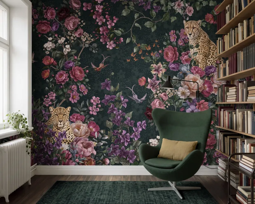 Dark Leopard Floral Garden Botanical Wallpaper Mural