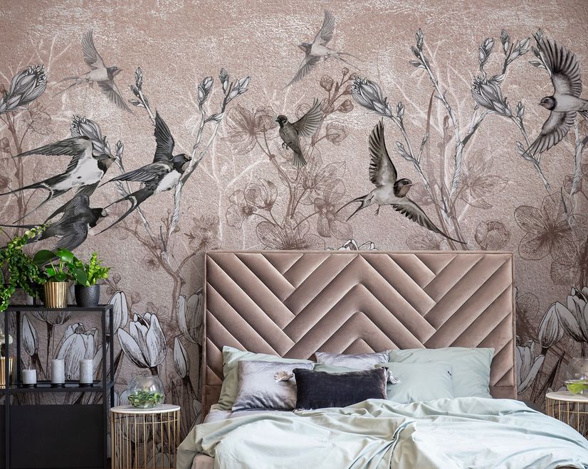 Flying Birds on Flowers Wallpaper Mural