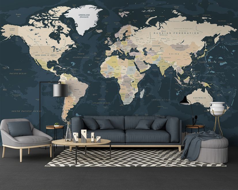 Navy Blue Political World Map Wallpaper Mural