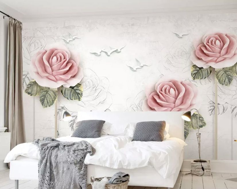 Soft Pink Flower and Charcoal Drawing Roses Wallpaper Mural