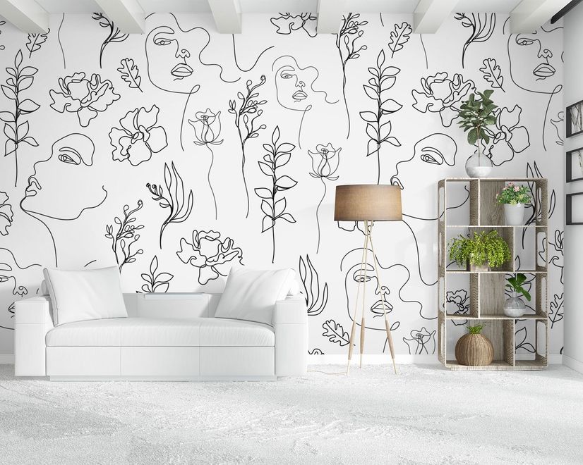 Papier peint visage de femme doux avec dessin floral