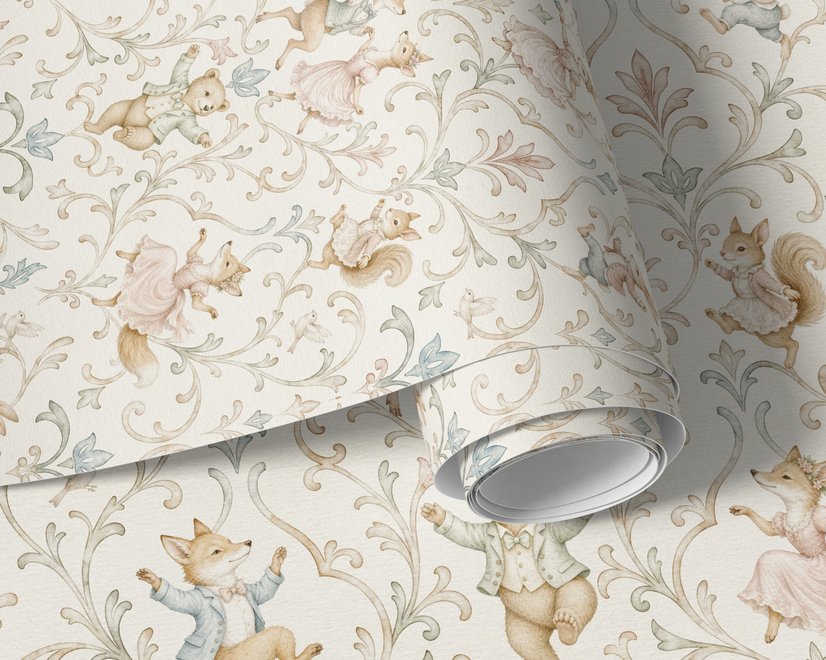 Cute rabbits wallpaper with woodland animals, white birds and acanthus scrolls on an ivory cream ground