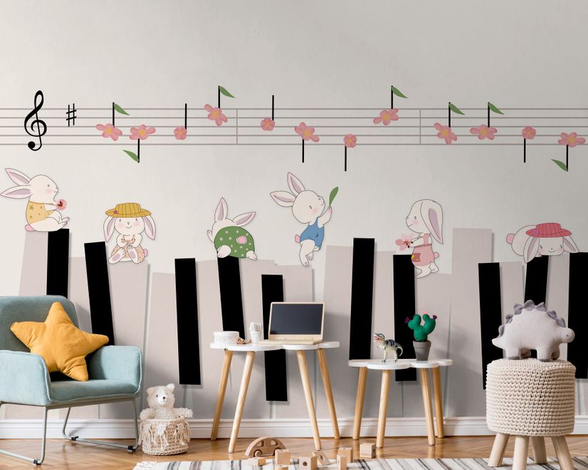 Papier peint panoramique piano avec lapins cartoon