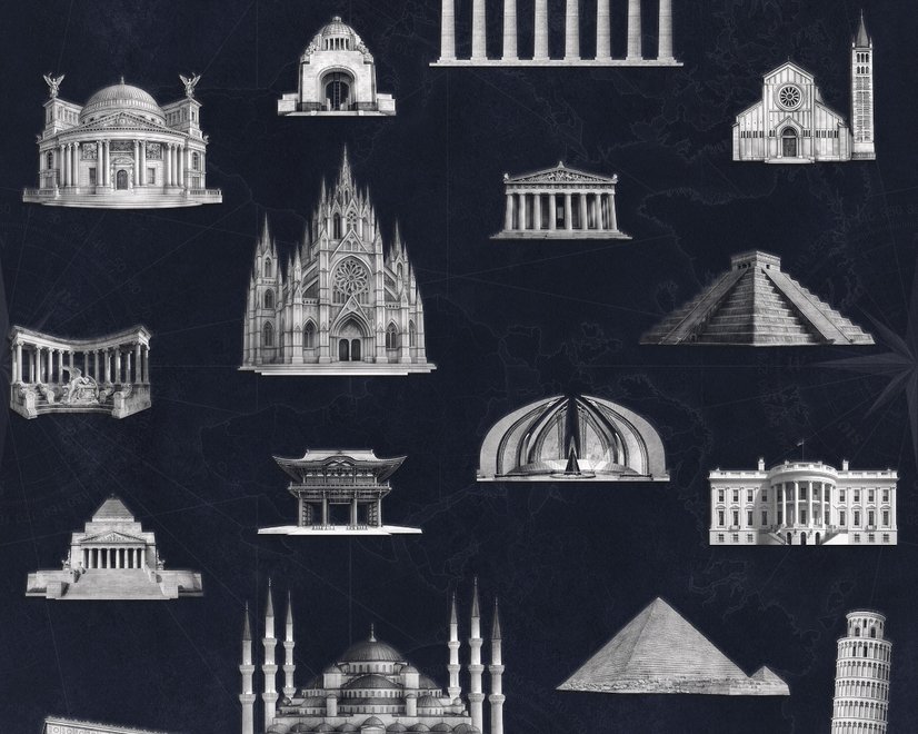 Vintage World Architecture Sketch Wallpaper Mural