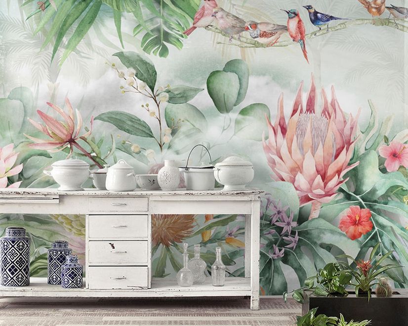 Colorful Tropical Exotic Cactus Floral with Little Birds Wallpaper Mural