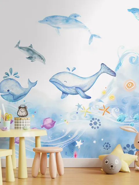 Cartoon Undersea and Whales Wallpaper Mural