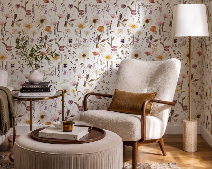 Cute spring wallpaper with pressed ivory, pink, blue and yellow wildflowers on a white ground
