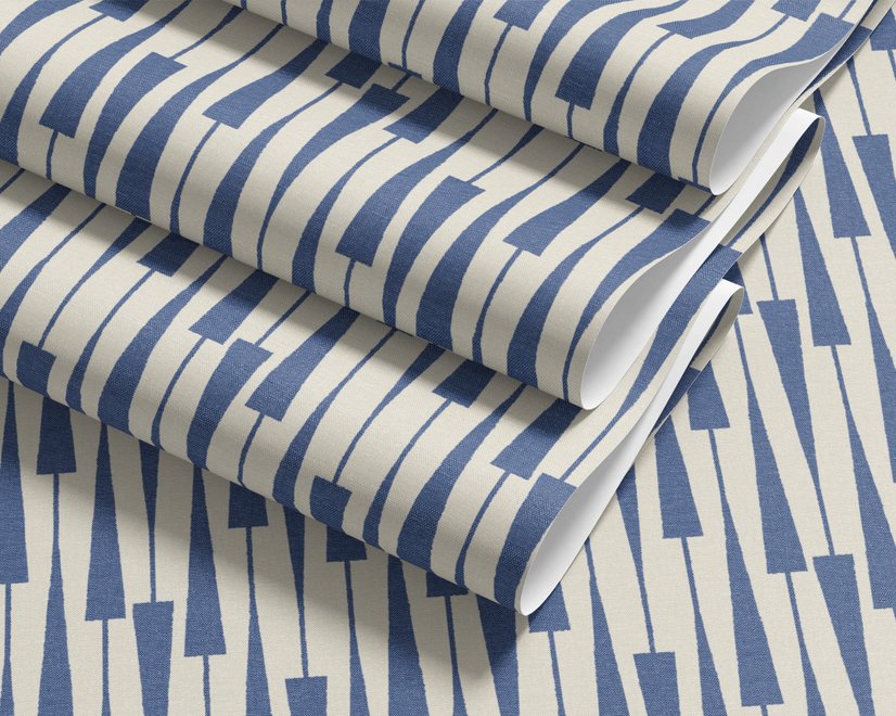 Cream colored wallpaper with denim blue geometric totem stripe repeat on a linen texture ground