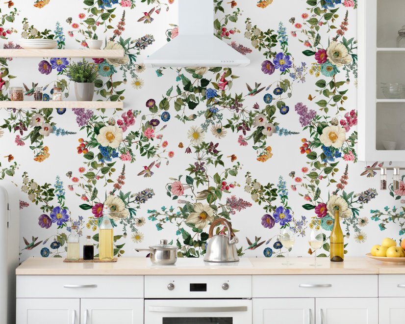 Botanical Flowers Floral with Birds Wallpaper Mural
