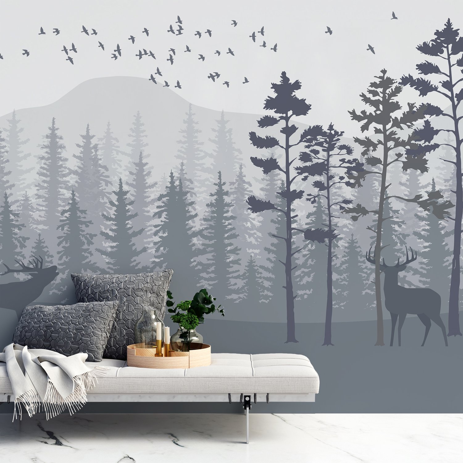 Monochrome Mountain and Forest Scape Wallpaper Mural - Peel and Stick
