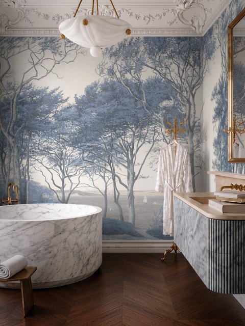 Blue forest background wallpaper mural with coastal trees, sea water and small white sailboats