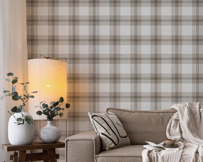 Neutral beige and brown plaid wallpaper with cream squares, taupe woven blocks and fine dark brown lines