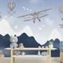 Papier peint panoramique Montagne enneigée avec avion et ballons pour enfants