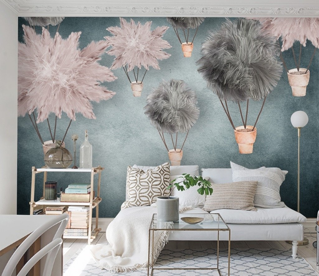 Gray Pink Feather Hot Air Balloon Wallpaper Mural - Peel and Stick