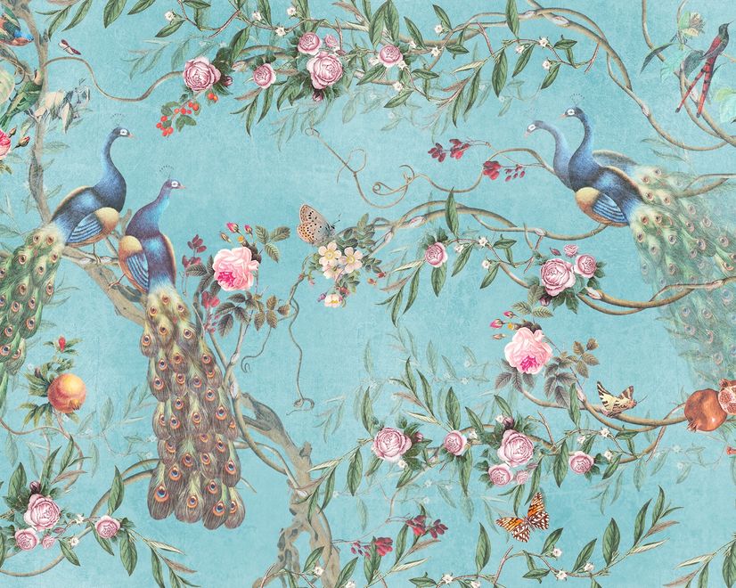 Fototapete Pfau mit Pfingstrosenblüten
