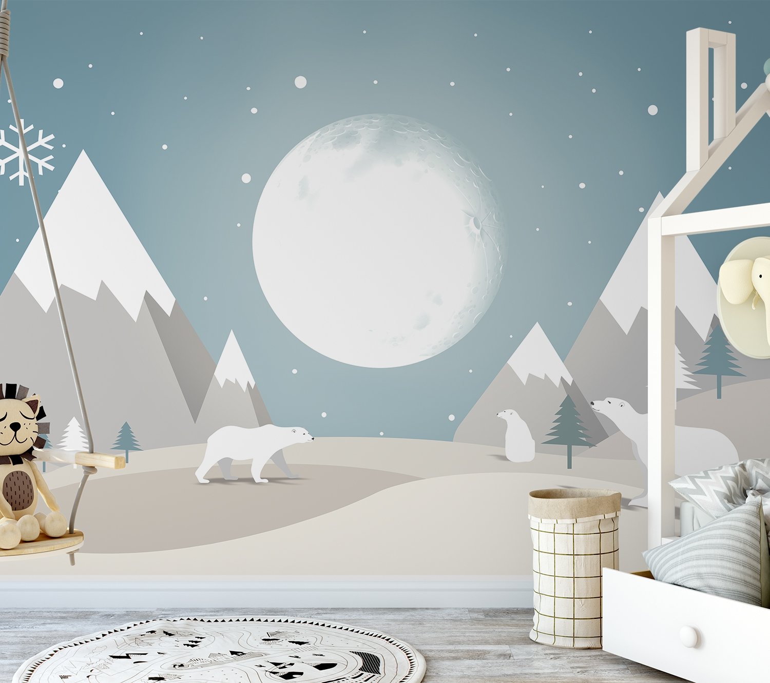 Kids Mountainscape with Fullmoon and White Bears Wallpaper Mural - Peel and Stick