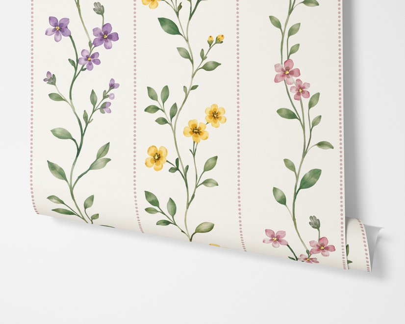 Cute floral wallpaper with green vine trails and pink, purple and yellow watercolor flowers on cream