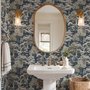 Navy wallpaper with warm ivory and taupe grey toile tree repeat on deep slate blue ground