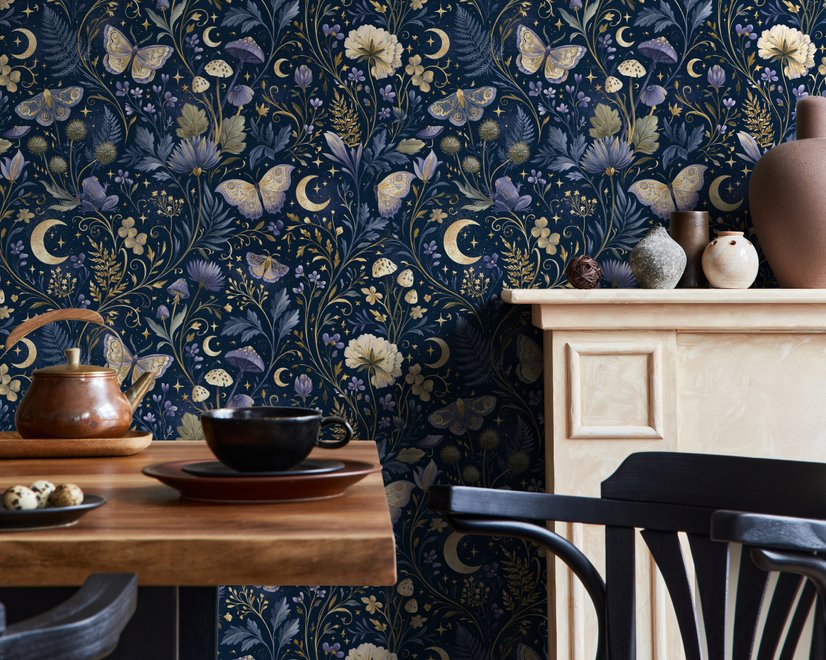 Midnight navy moody botanical wallpaper with lavender butterflies, ivory moons, gold stars, flowers and mushrooms