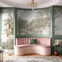 Tree wallpaper forest mural with olive coastal woodland, bare branches, shoreline path and small sailboats