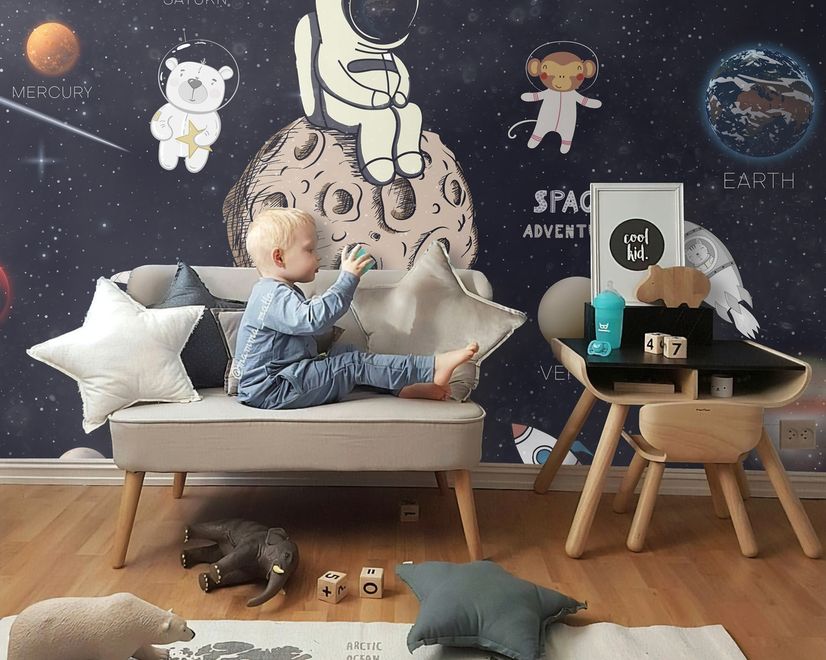 Astronaut and Animals in Space Wallpaper Mural for Children