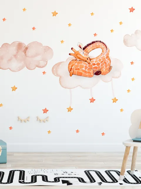 Nursery Watercolor Sleeping Giraffe and Clouds with Little Stars Wall Decal Sticker