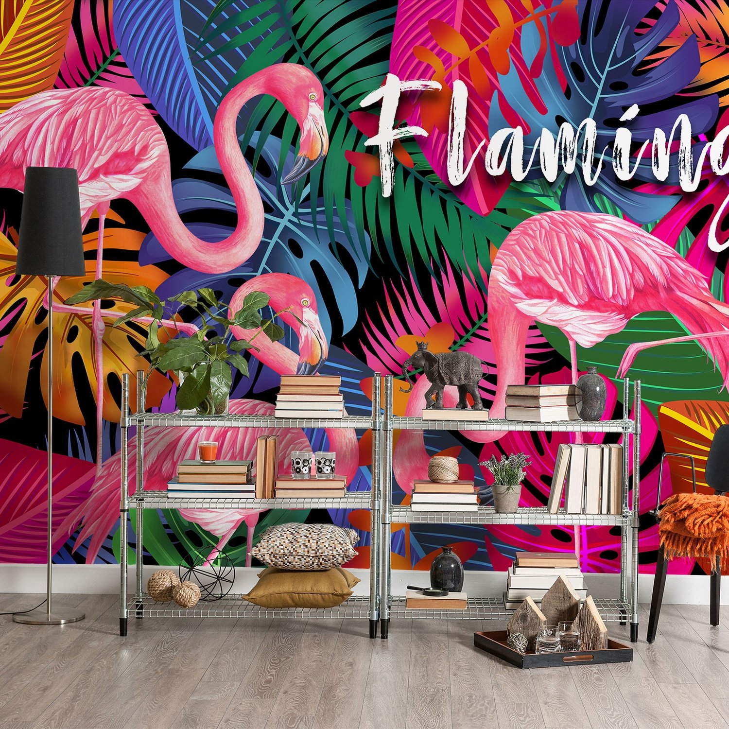 Pink Flamingo with Colorful Leaf Wallpaper Mural - Peel and Stick