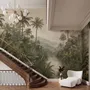 Misty tropical forest wallpaper with palms, pale river and hazy hills in muted green sepia