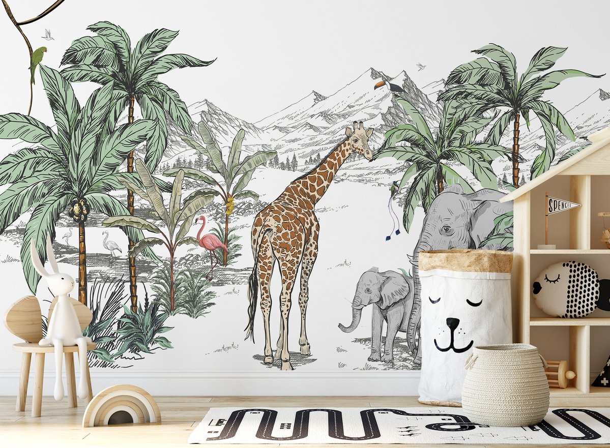 Kids Tropical Animals with Mountain Wallpaper Mural - Peel and Stick