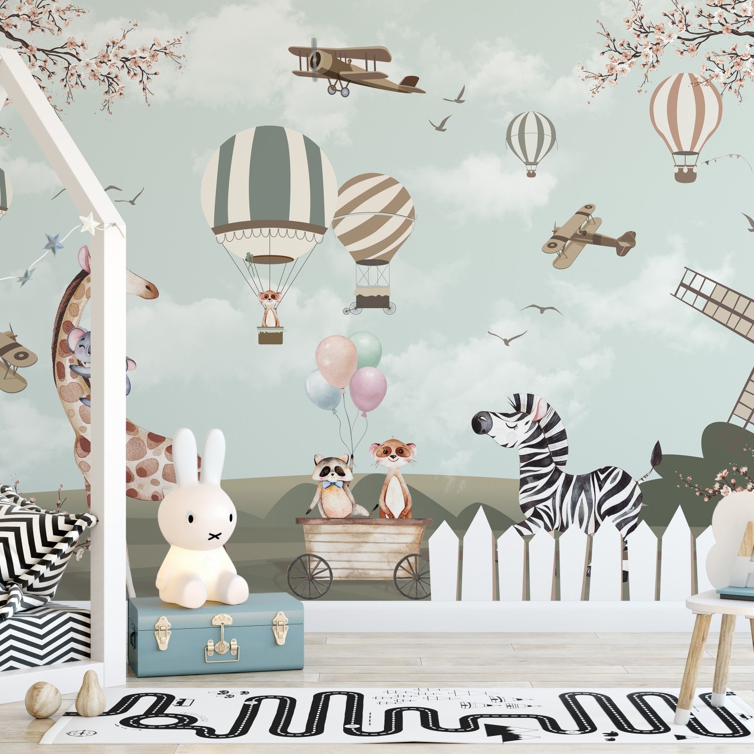 Kids Woodland Animals with Vintage Aircraft and Windmill Wallpaper Mural - Peel and Stick