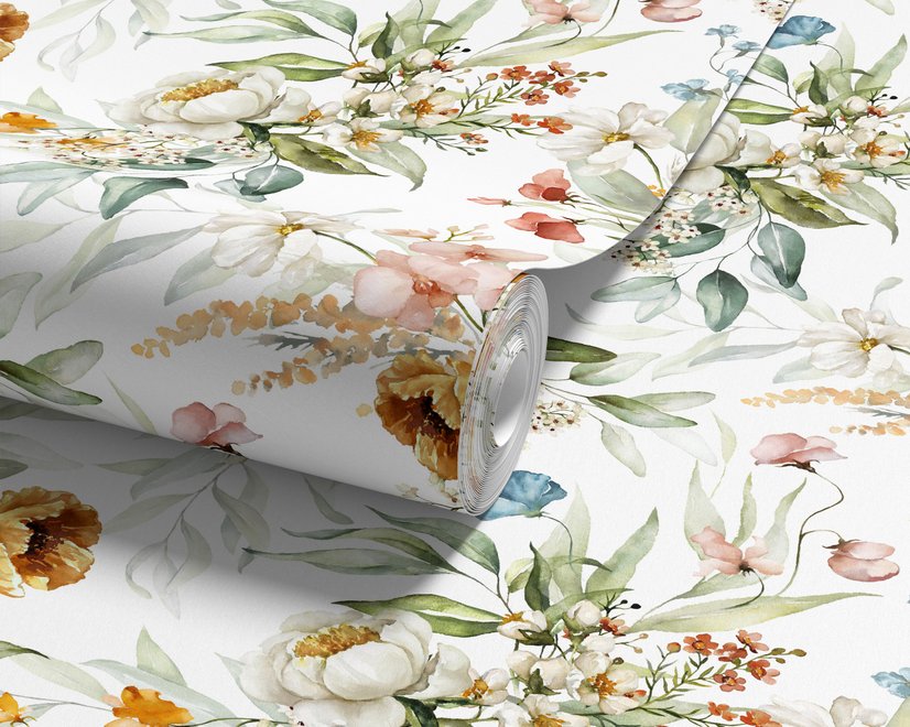 Watercolour floral wallpaper with sage leaves, blush and ochre flowers on a white ground