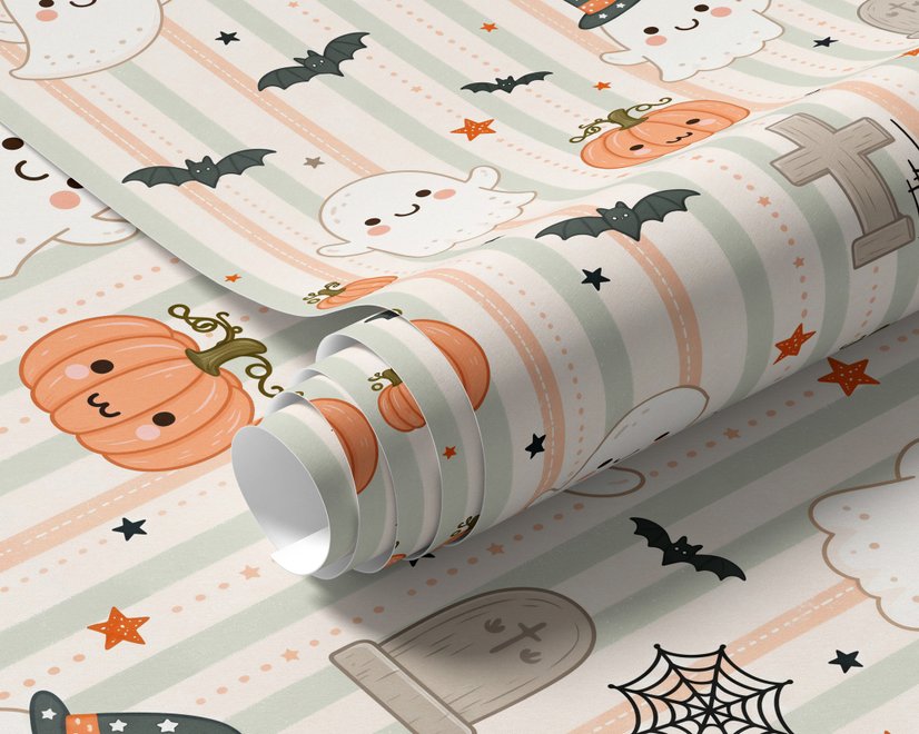 Cute autumn wallpaper with white ghosts, orange pumpkins, black bats and sage striped background