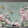Papier peint panoramique floral vintage rose et papillon jaune