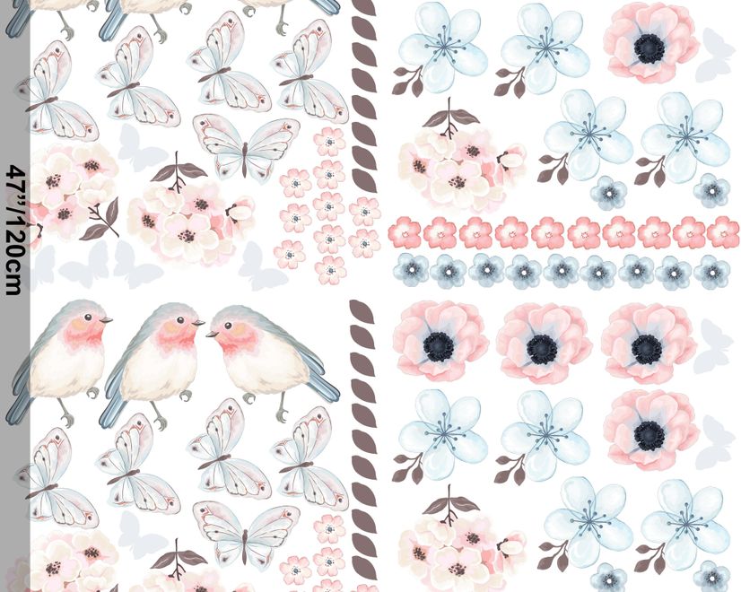 Watercolor Pink Blue Florals with Birds and Butterfly Wall Decal Sticker